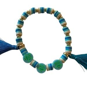 Handmade Beaded Bracelet Turtle Charms Tassel Accents Stretchy Fun Jewelry. Kids